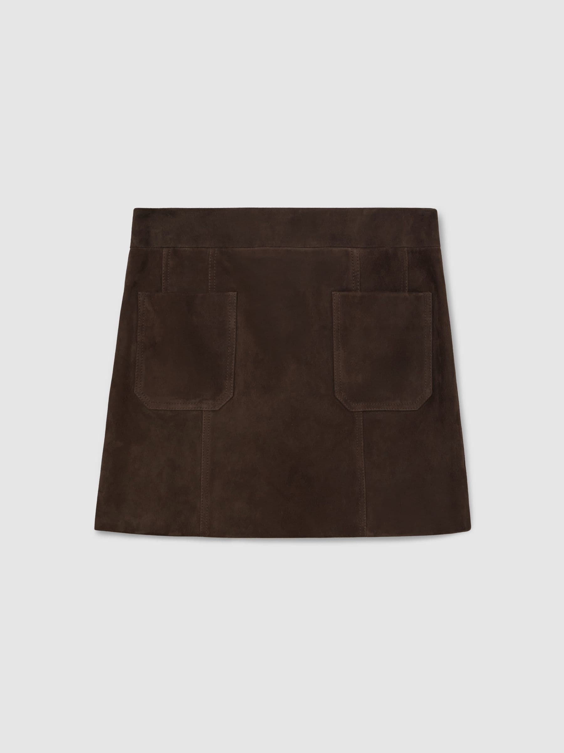 Suede Patch-Pocket Mini Skirt in Chocolate Brown