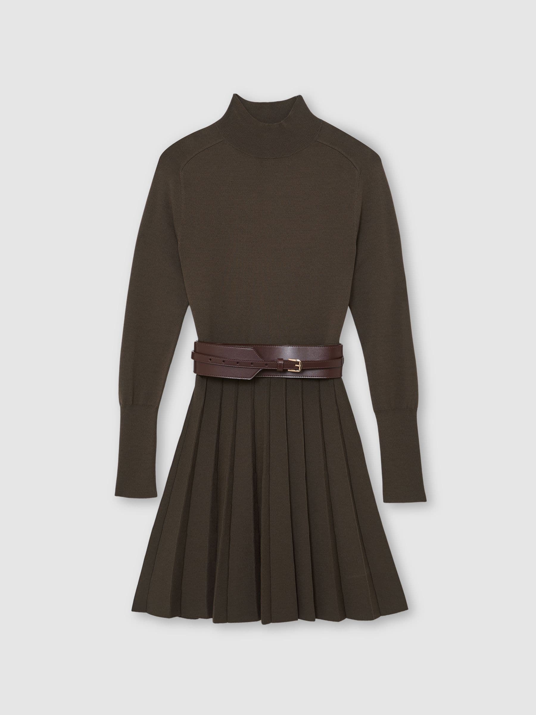 Knitted Belted Skater Mini Dress in Mocha Brown