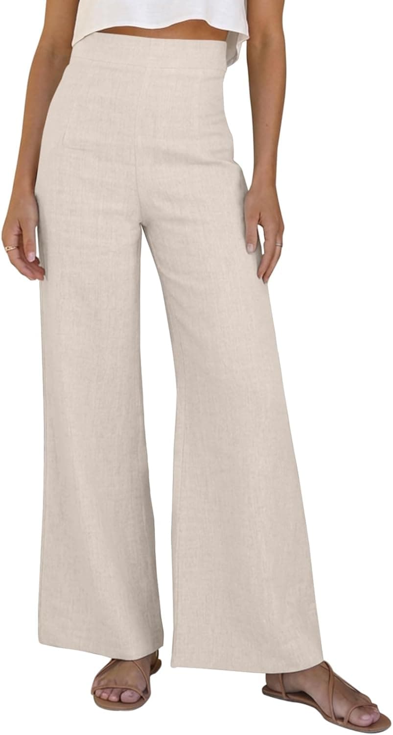 Women Linen Wide Leg Pants Summer High Waist Loose Palazzo Pants Flowy Lounge Trousers Beach Travel Resort Vacation