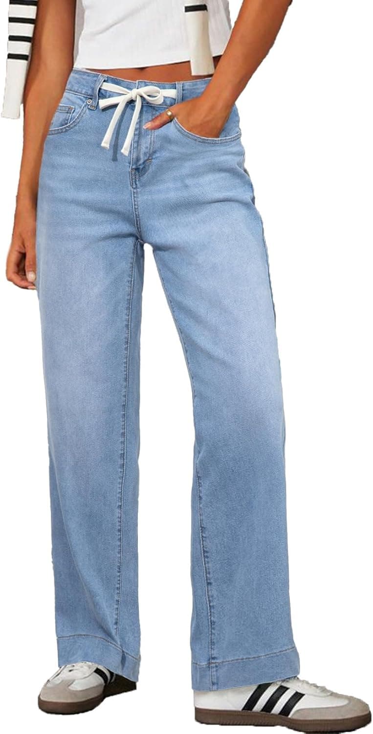 Women's Wide Leg Jeans High Waisted Stretchy Straight Leg Baggy Drawstring Zimbaplatinum Denim Pants