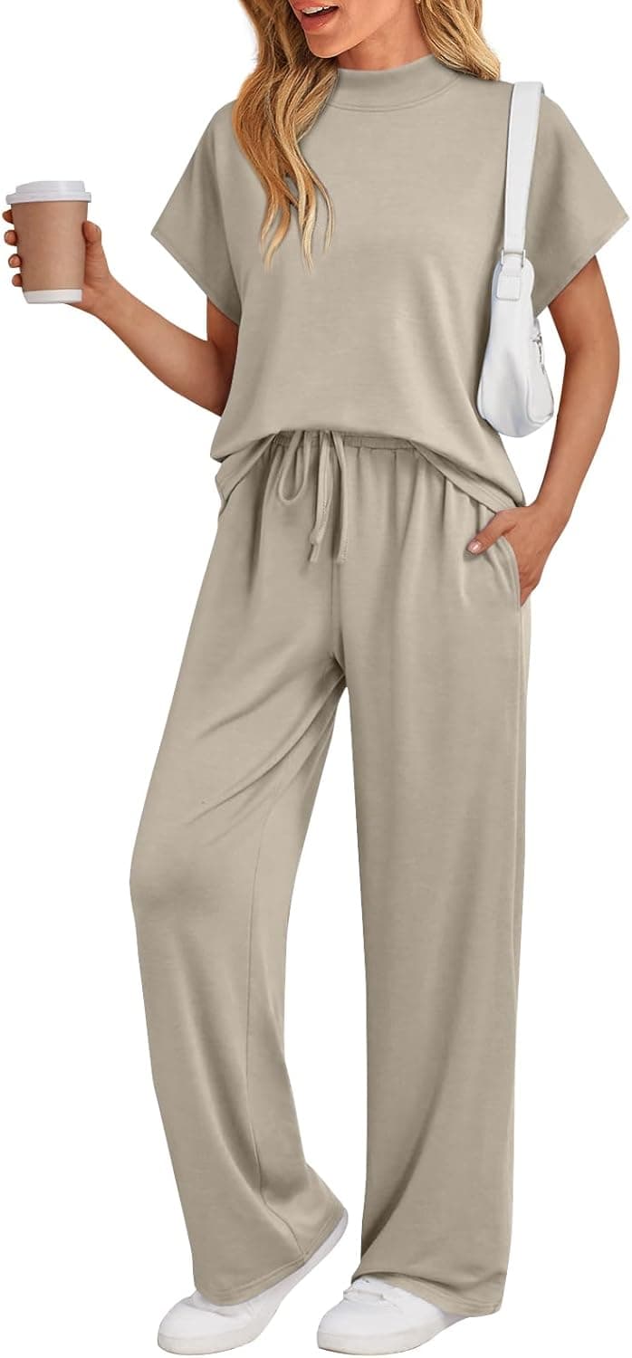 Women's 2 Piece Matching Lounge Sets 2026 Summer Mock Neck Sweatsuits Short Sleeve Loungewear Travel Outfits