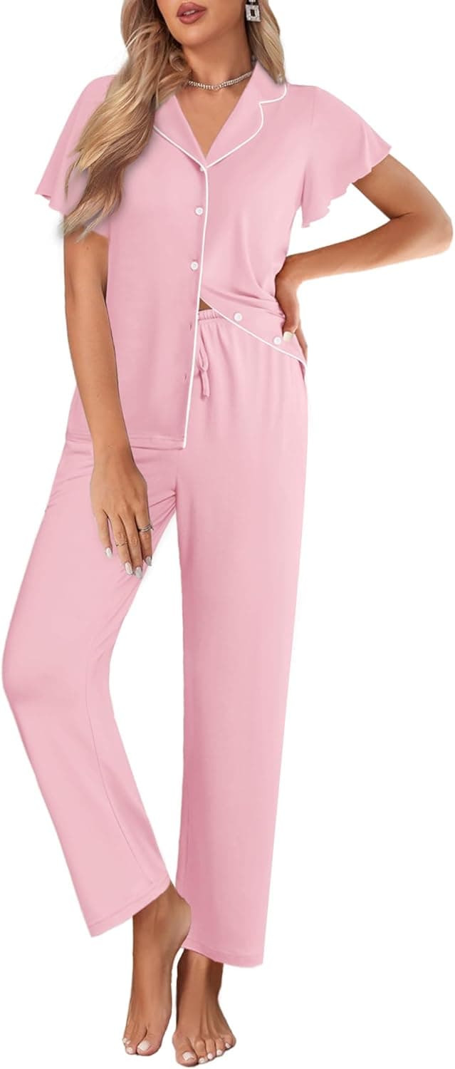 Pajamas for Women Set Button Up Sleepwear Cute Pjs Ruffle Sleeve Notch Collar Loungewear with Long Pants S-XXL