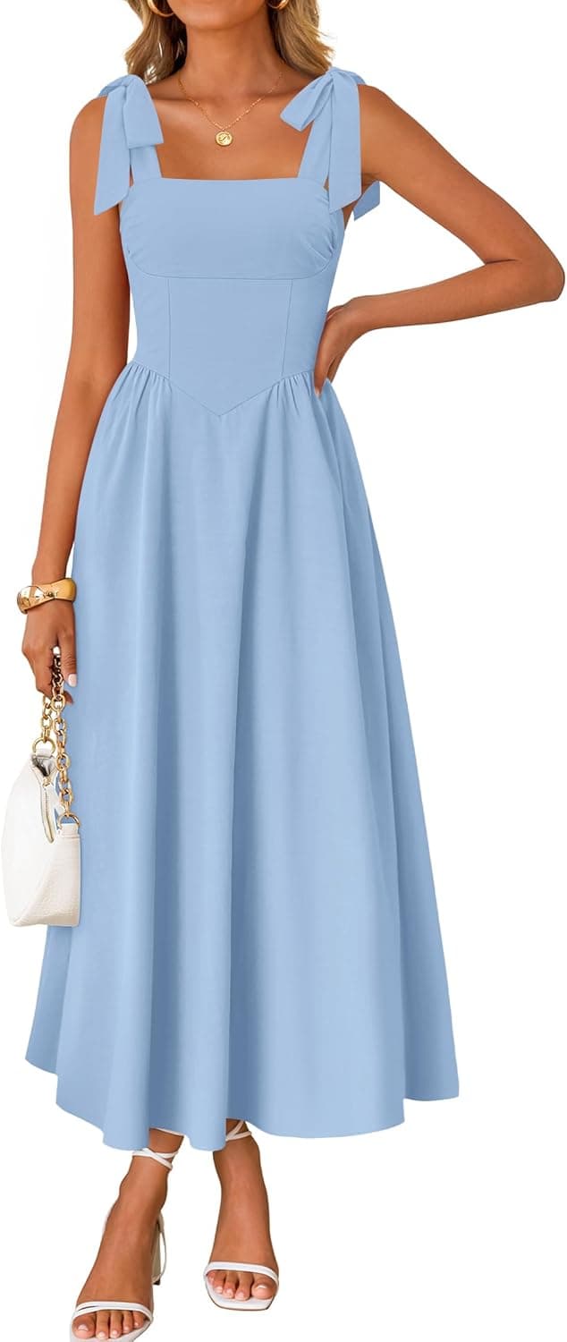 Women's Summer Spaghetti Strap Maxi Dress 2026 Tie Shoulder Square Neck Flowy Wedding Guest Party Beach Long Dresses