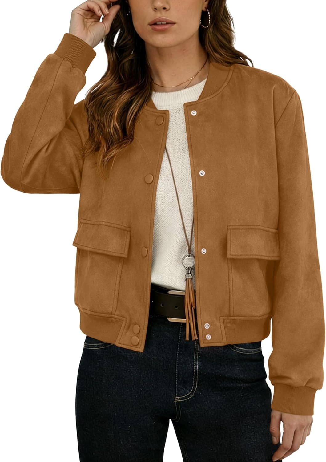 Womens Faux Suede Leather Bomber Jacket Cropped Button Down Long Sleeve Casual Varsity Baseball With Pockets