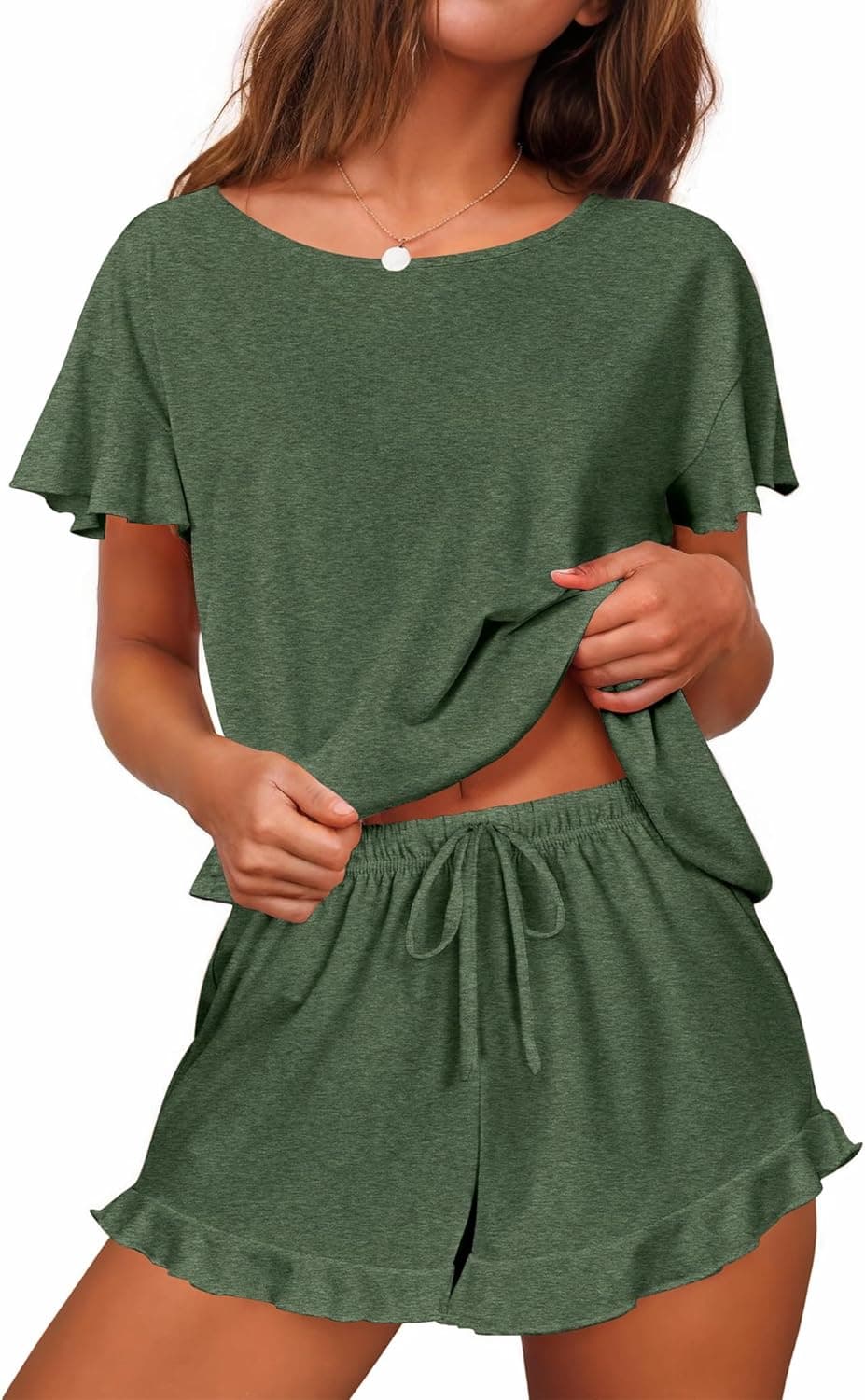Women's Pajama Set Ruffle Sleeves Top and Short Soft 2 Piece Loungewear Set