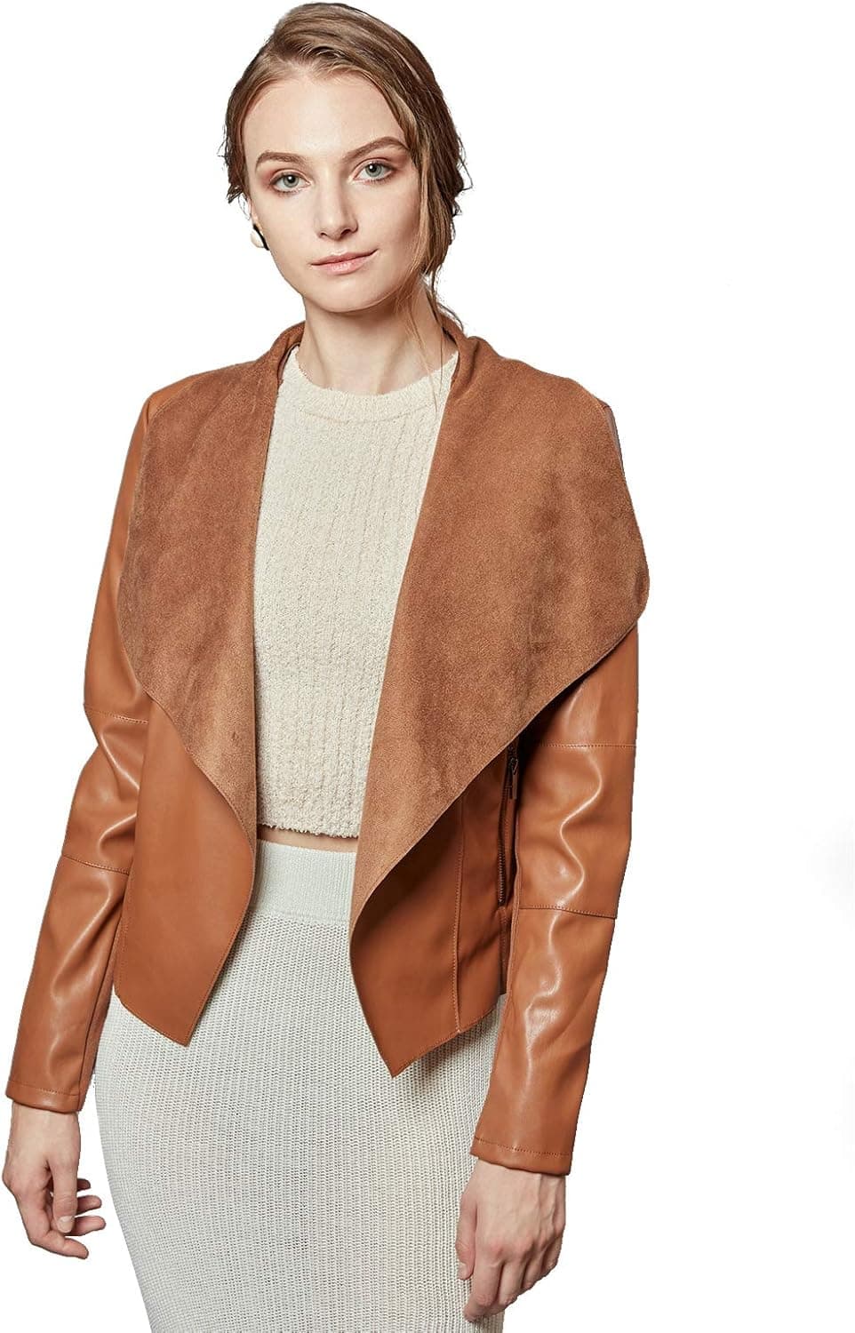 Women's Faux Leather Jackets Slim Open Front Lapel Blazer Jackets