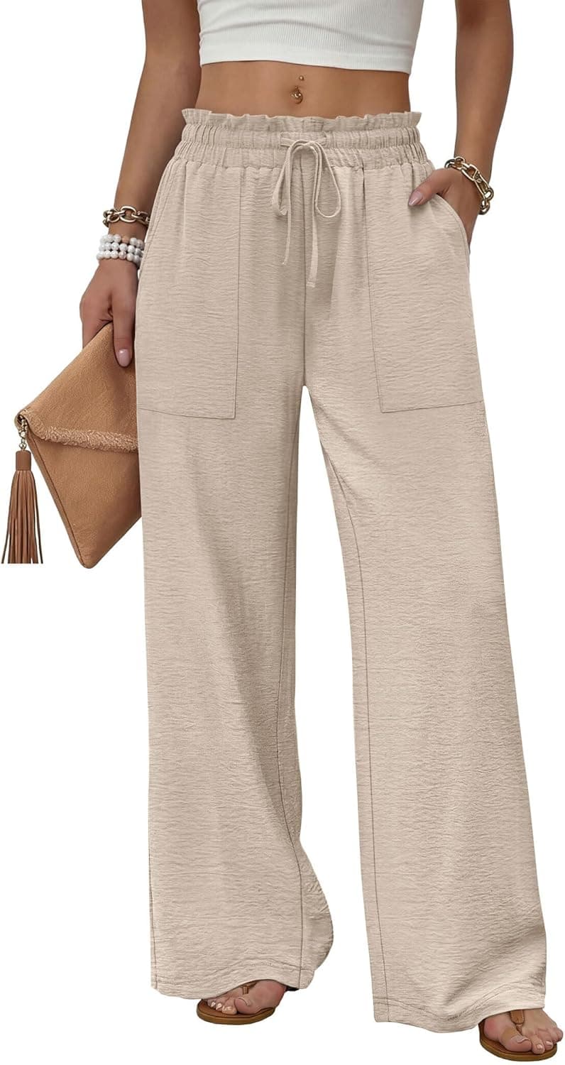 Women's Wide Leg Pants with Pockets Drawstring Loose Trousers Business Work Pants Summer Beach Vacation Clothes