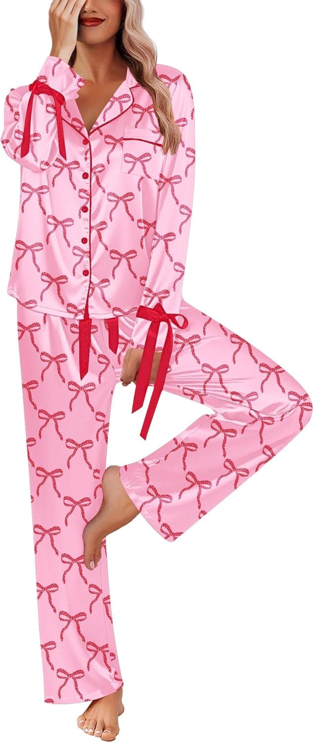 Women Classic Button Down Long Satin Pajamas Set,Bow Tie Silky Cute Pjs Sets Fancy Loungewear