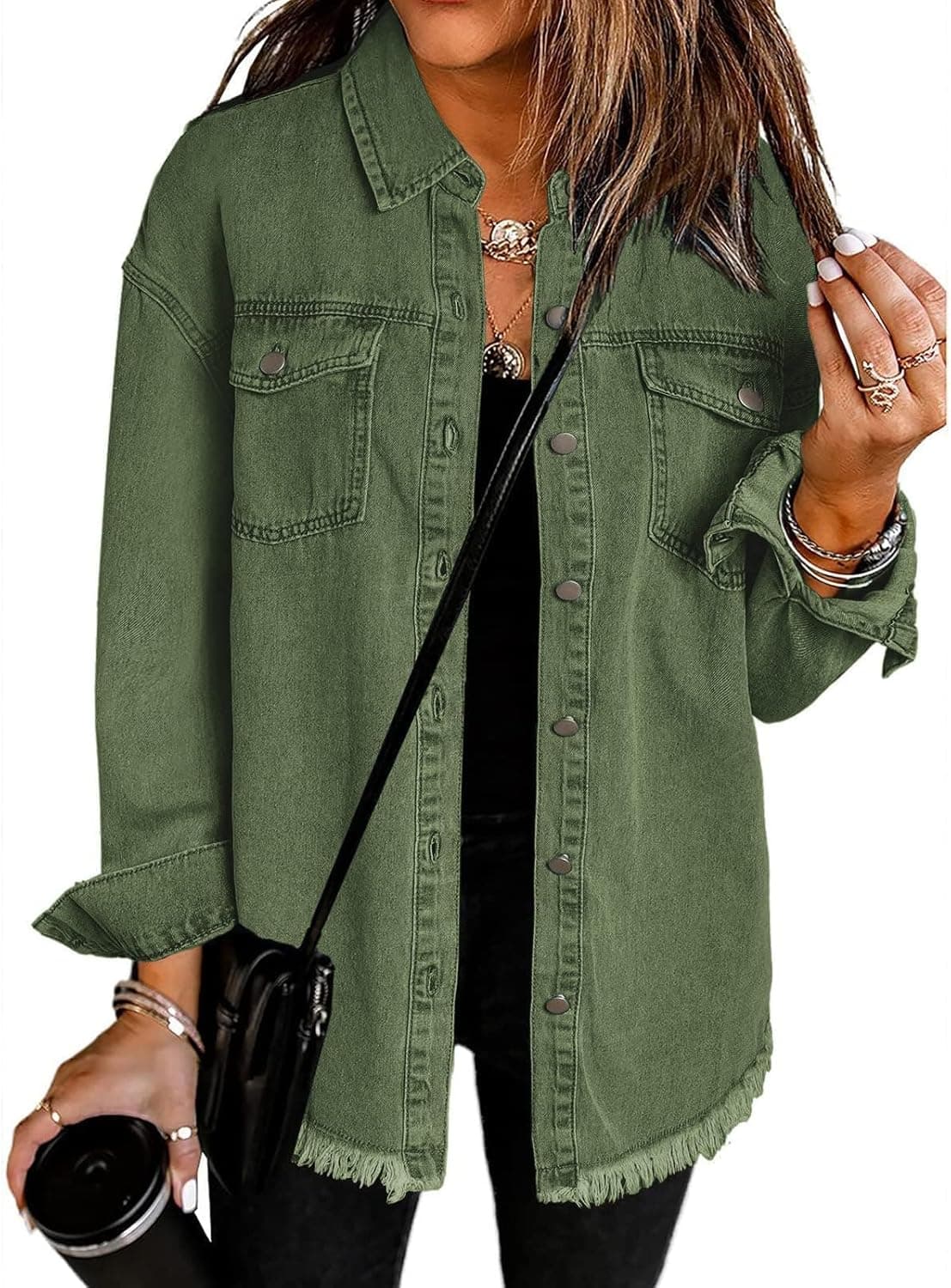 Women's Oversized Button Up Frayed Hem Shacket Long Sleeve Pockets Denim Jean Jacket