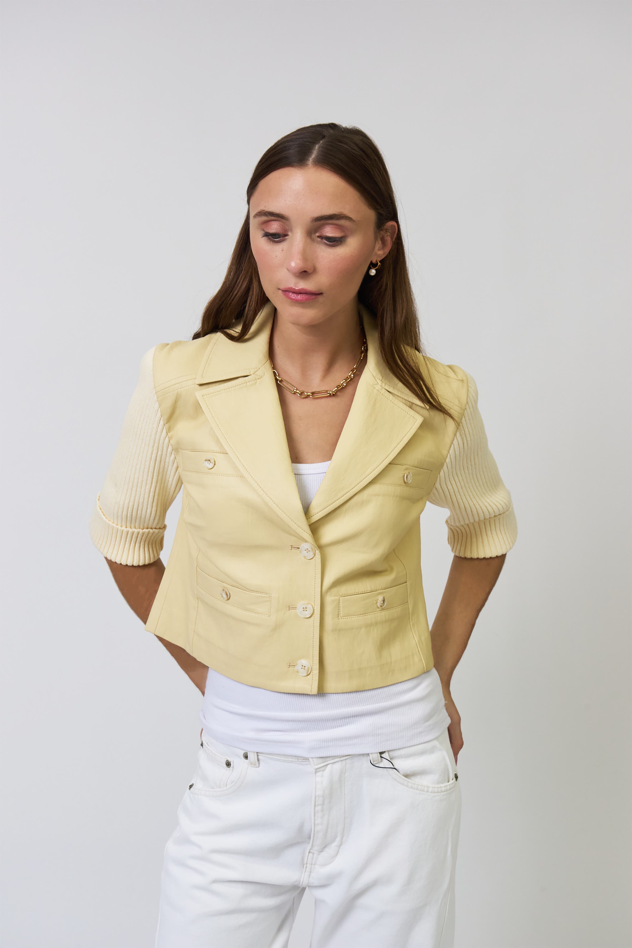 Ophelia Cropped Faux Leather X Sweater Jacket