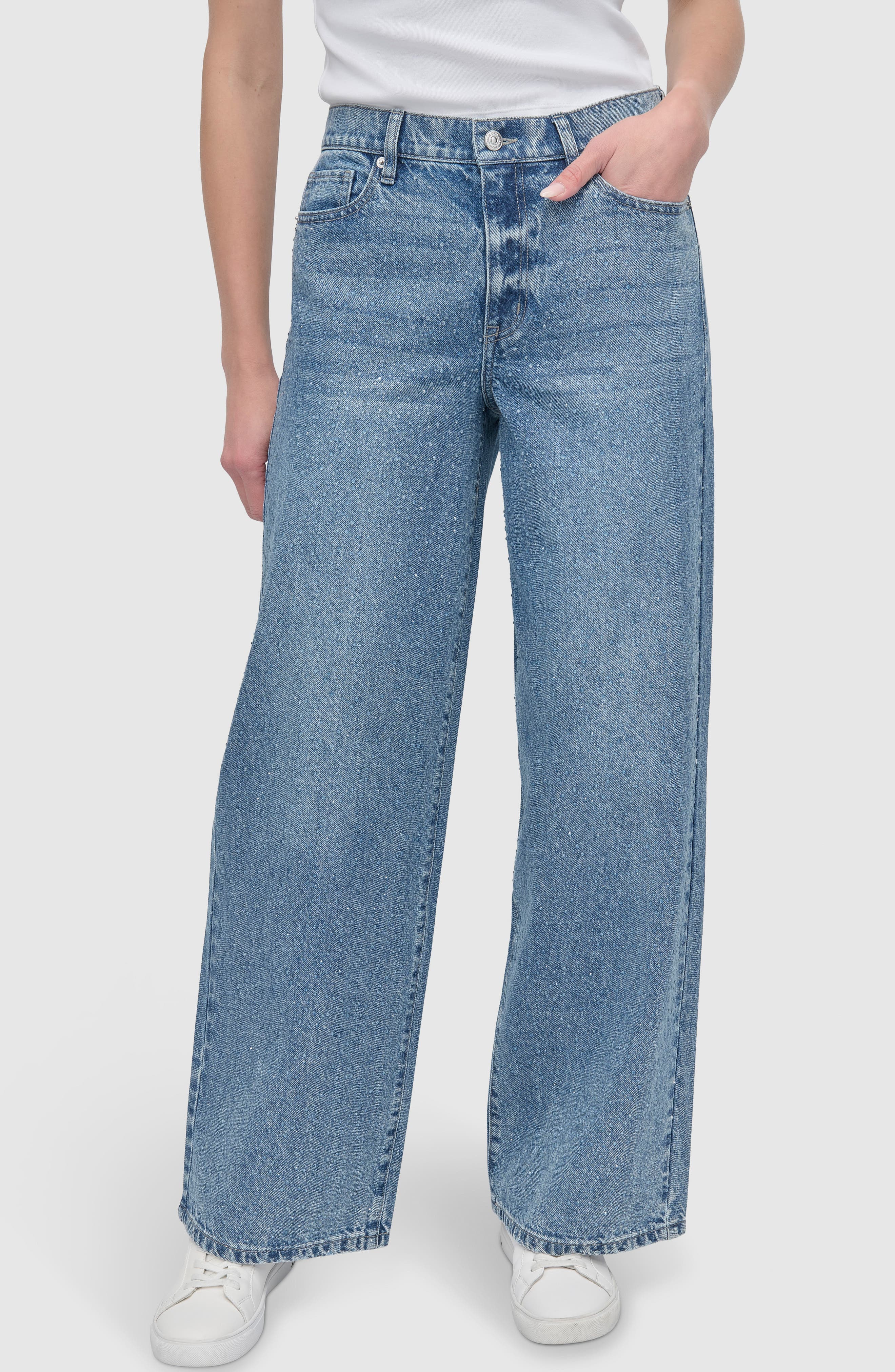 Rhinestone Embellished High Waist Wide Leg Jeans