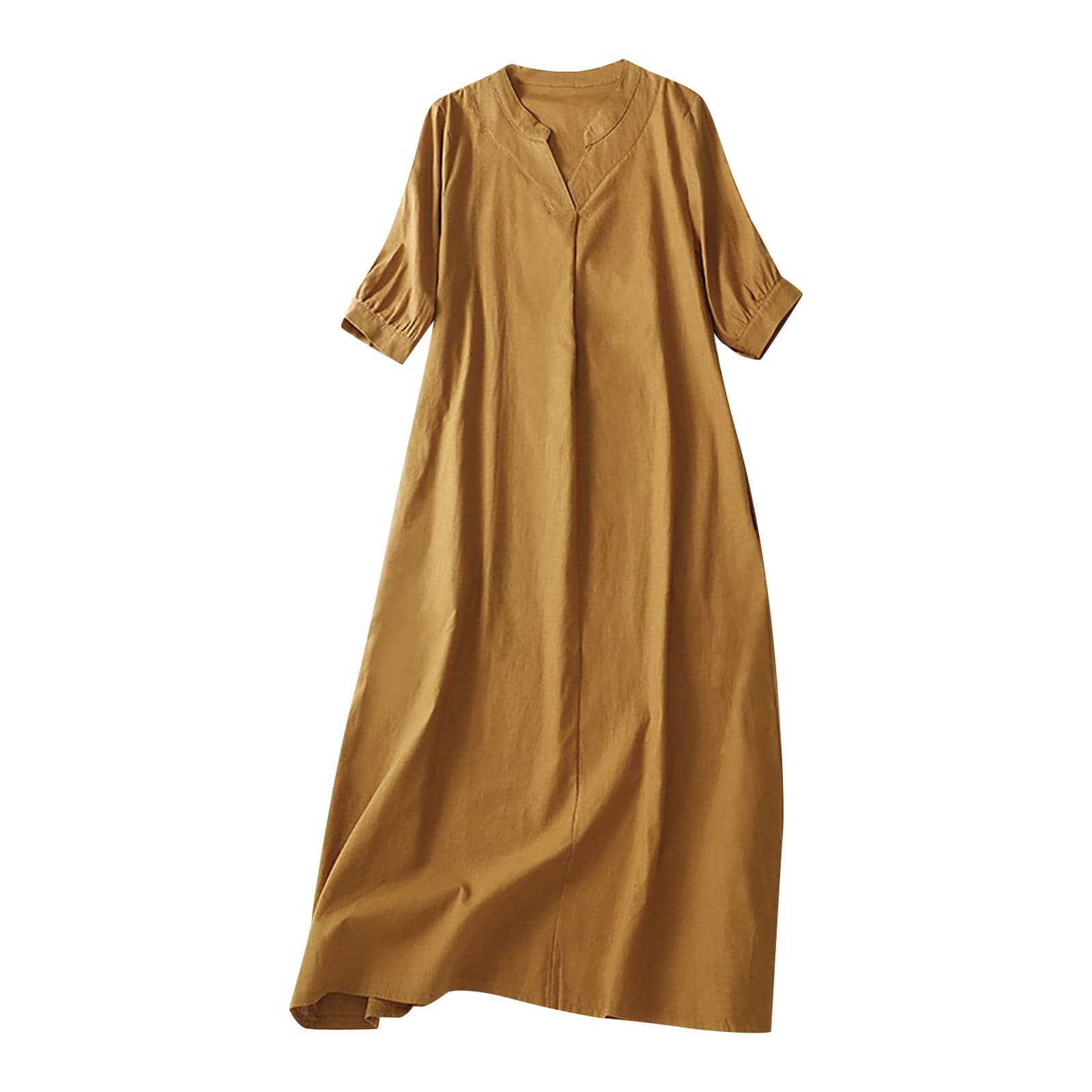 Womens Cotton Linen Dresses Short Sleeve Summer Casual Loose V Neck Long Dress Solid Comfy Maxi Dress