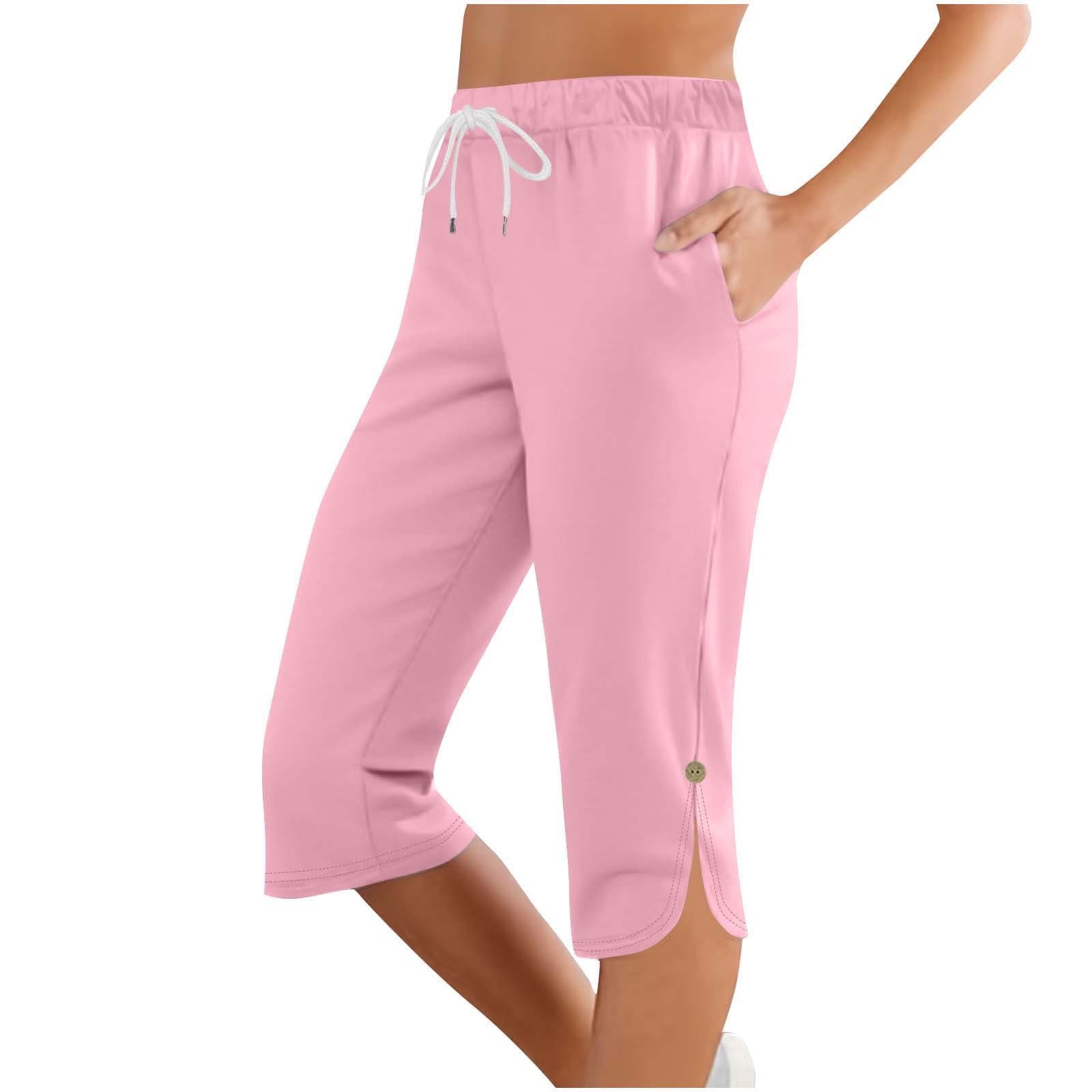 Capri Pants for Women Summer Lightweight Button Split Hem Cropped Trousers Workout Loose Stretch Yoga Petite Pants with Pockets Pink L