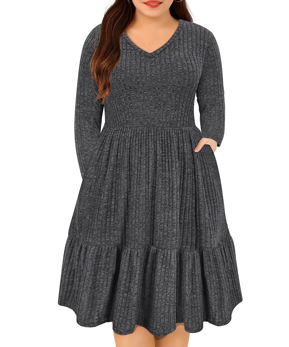 Dresses for Women Plus Size 2X Casual Gray Fall Sweater Dresses Fashion Midi Elastic Waist Dresses Long Sleeve Elegant V Neck Loose Fit Winter Dress with Pocket 2XL 18W 20W