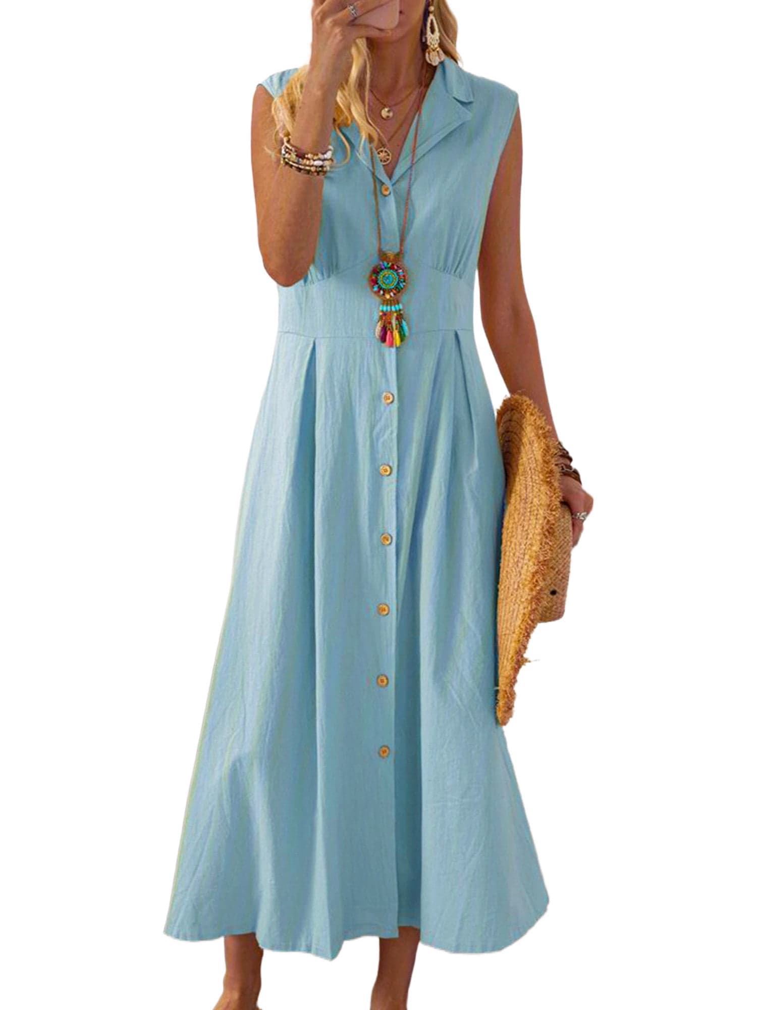 Summer Dresses for Women Loose Cotton Turn-Down Top Shirt Dress Ladies Knee Midi Sundress Maxi Dresses