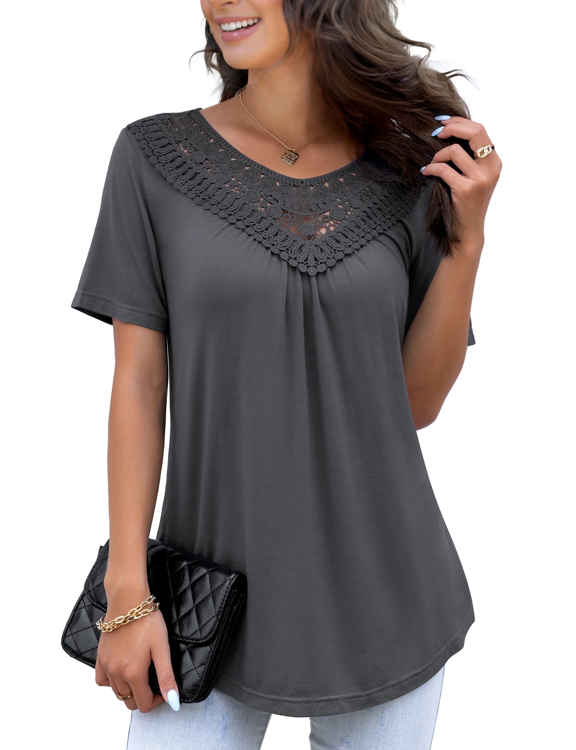 Women's Plus Size Summer Tops Short Sleeve Lace Pleated Blouses Tunic Tops M-4XL