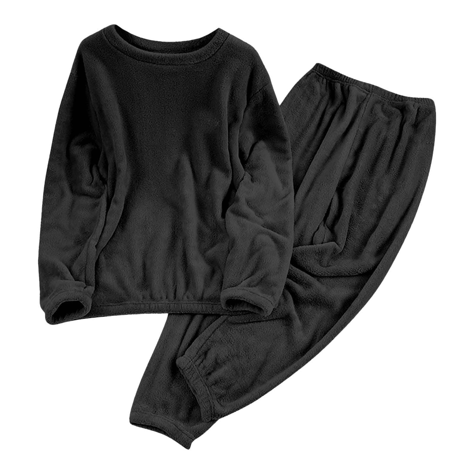Fleece 2 Piece Lounge Sets for Women Two Piece Outfits Solid Color Long Sleeved Long Pants Casual Crew Neck Long Sleeved Suit with Pockets Travel Clothes Tracksuit Workout Sets