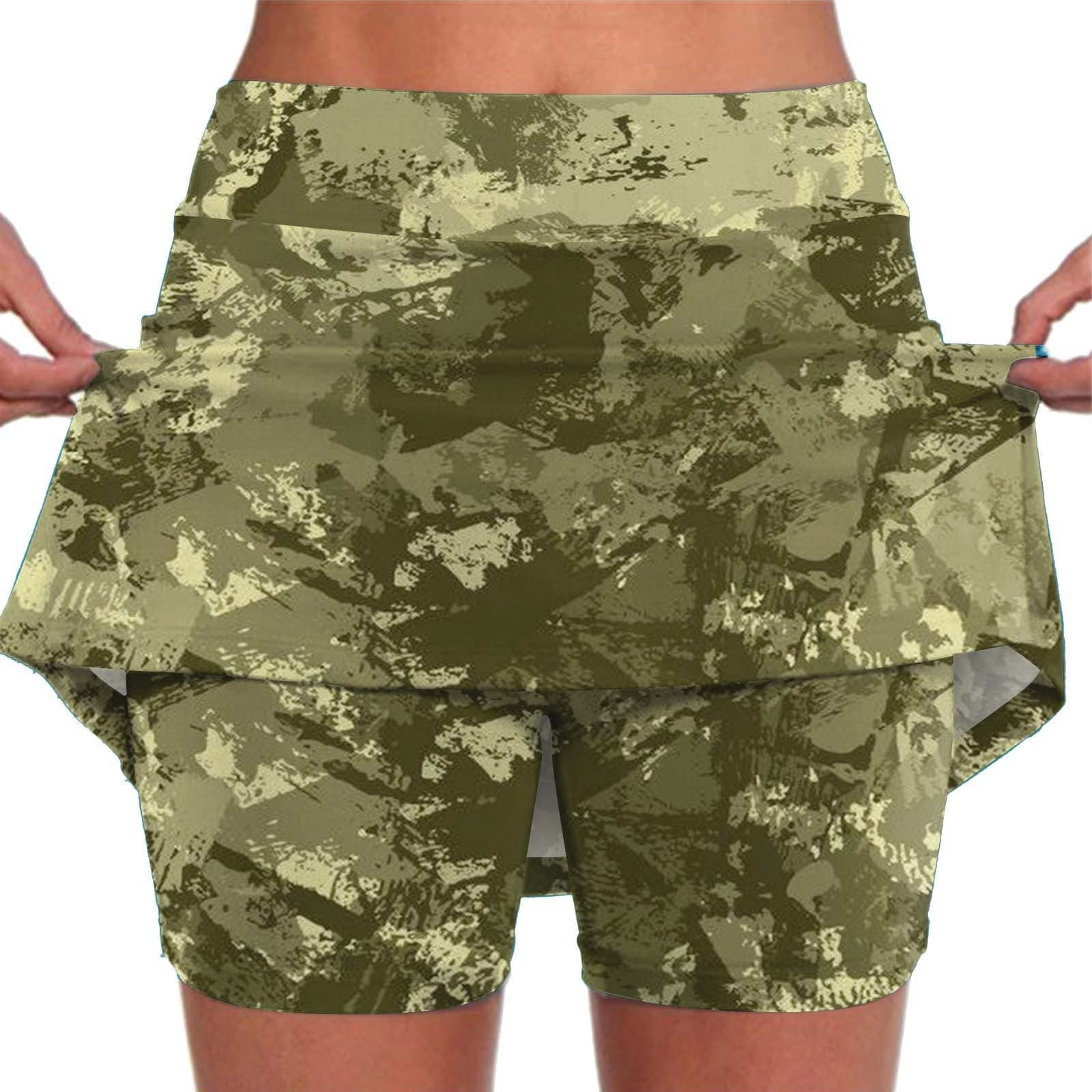 Green Workout Shorts Women's Fashionable Athleisure Skirt with Pockets Camouflage Printed Mid Rise Skirts Tennis Skirts