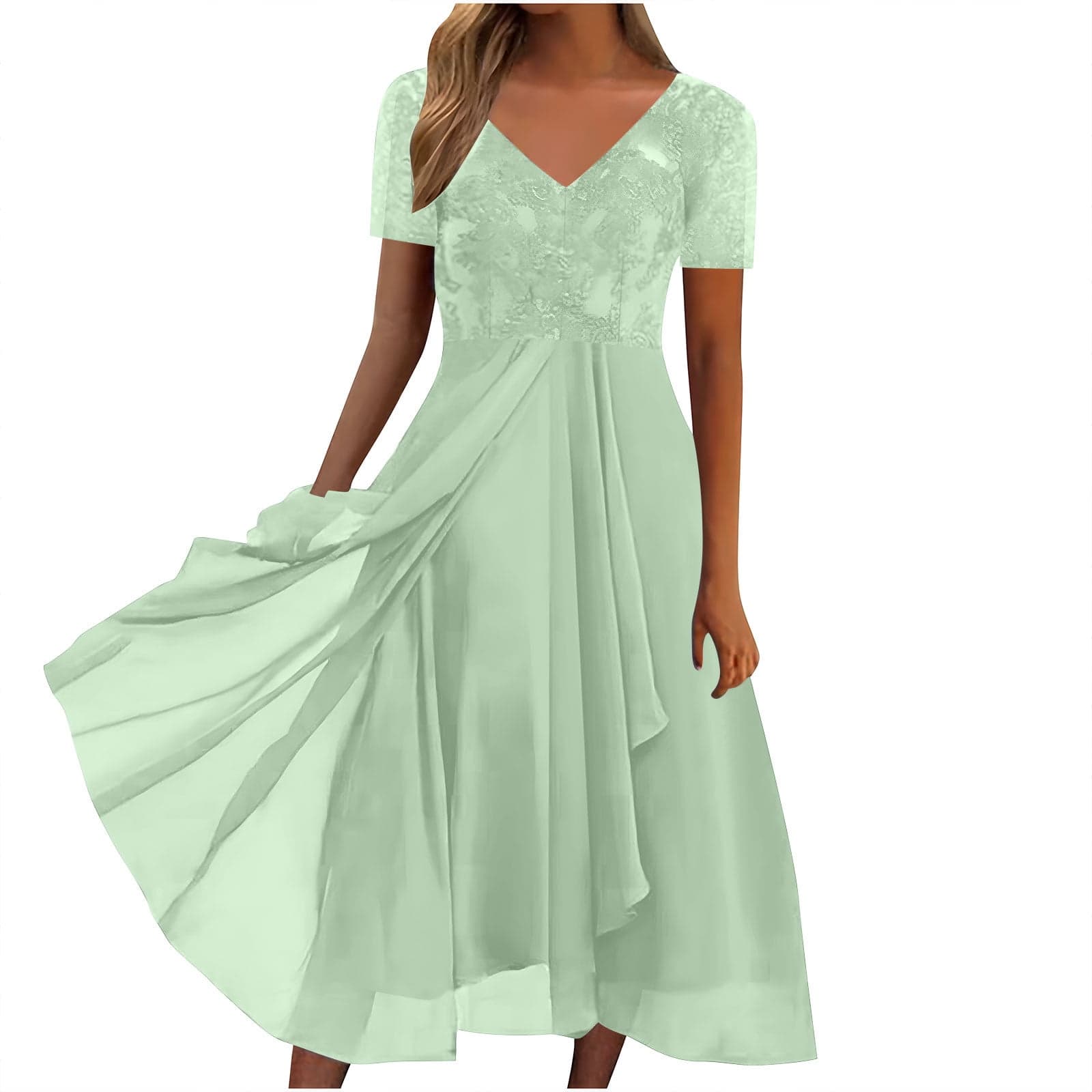 Plus Size Lace Chiffon Wedding Guest Dresses Women Cocktail Party Midi Dress Formal Prom