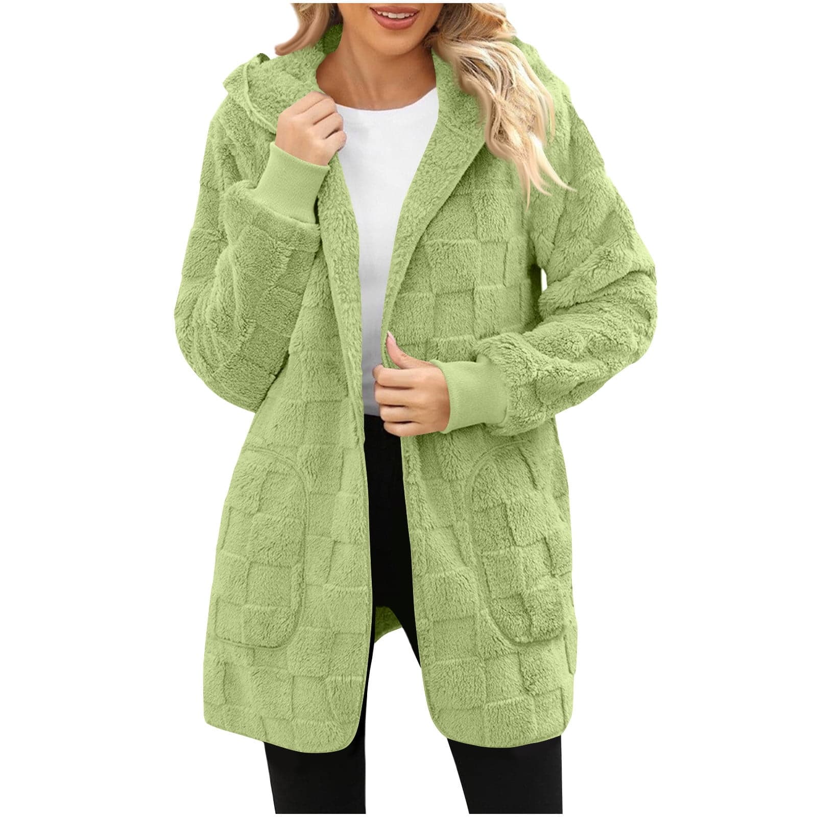 Fleece Cardigan Jacket for Women Fuzzy Open Front Lined Soft Warm Hooded Winter Coat with Pockets