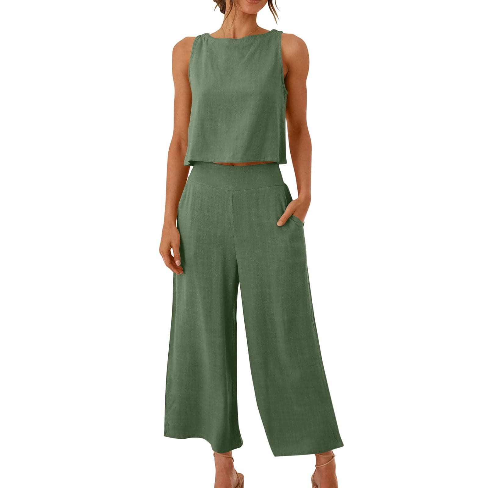 Women's 2 Piece Sets, Sleeveless Blouse+Loose Pockets Wide Leg Tracksuits, Women's 2024 Fall Two Piece Outfits, 2 Piece Loungewear Set Cropped Tank Top Wide Leg Sweatpants Casual Outfits