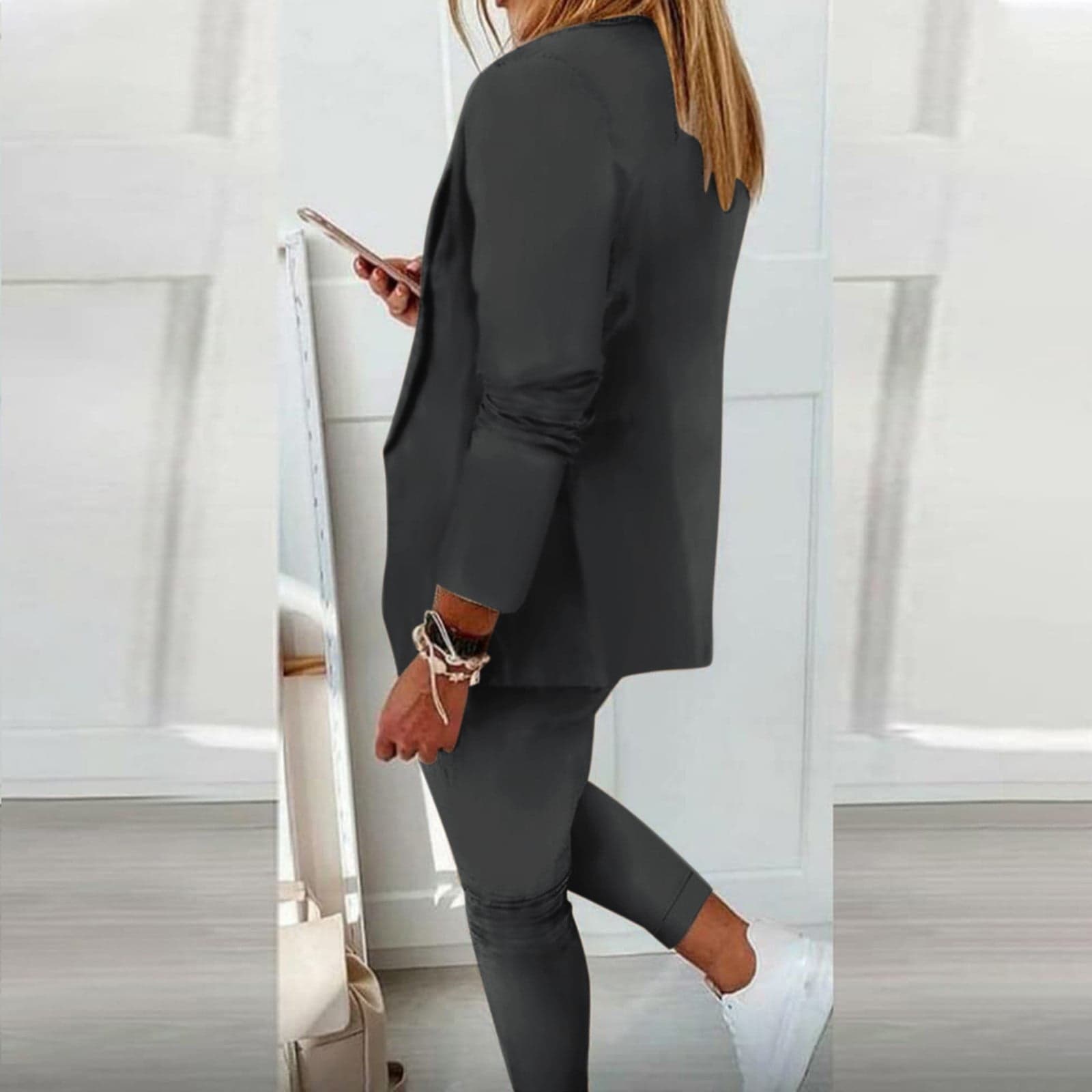 Meichang 2 Pieces Blazer Set for Women Elegant Lapel Collar Open Front Blazer Slim Fit Drawstring Casual Office Suit Set