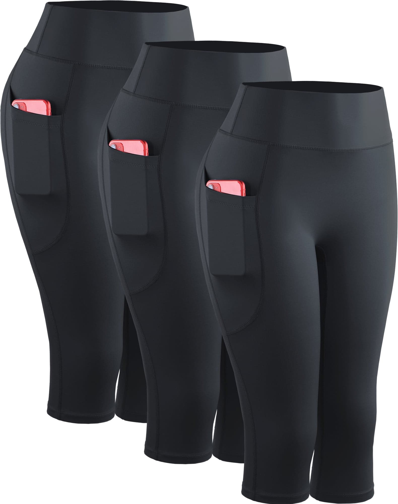Womens Yoga Capris Leggings For Workout With Pockets Tummy Control High Waist,Black+Black+Black,US Size L