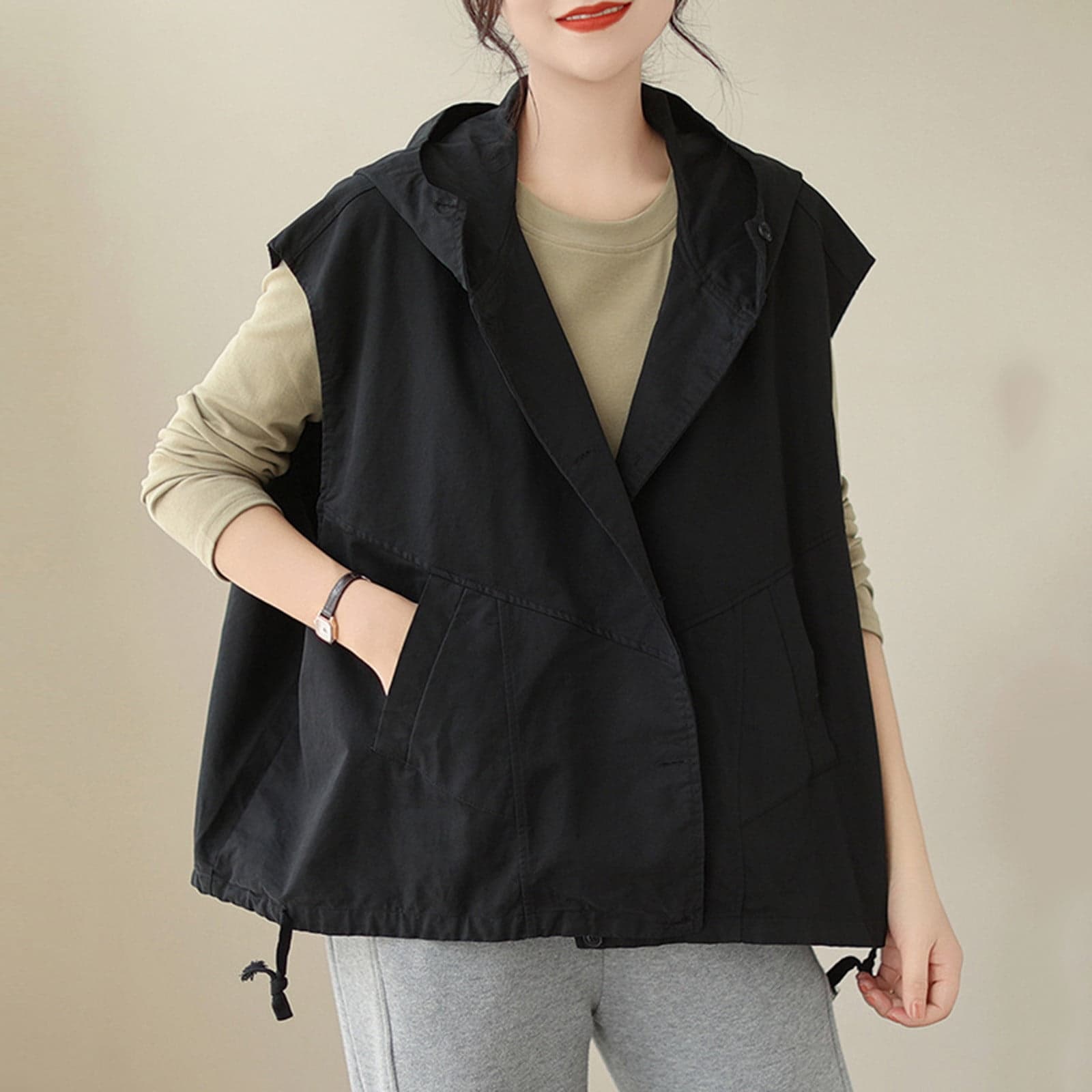 Women's Cotton Linen Vest Casual Solid Color Sleeveless Button Down V Neck Blazer Waistcoat Sleeveless Jacket with 2 Side Pockets Black