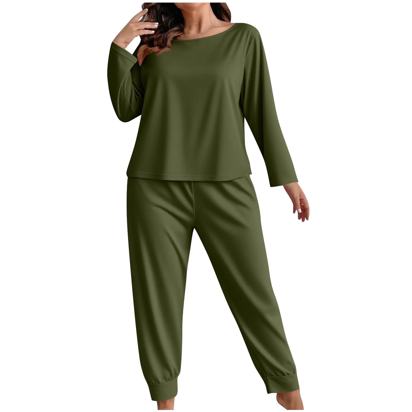 Pants Sets Women 2 Piece Outfits New Women's Plus Size Pajama Set 2 Piece Loungewear Outfits Sleepwear Fall Long Sleeve Long Pant Suits with Pockets Army Green 4XL