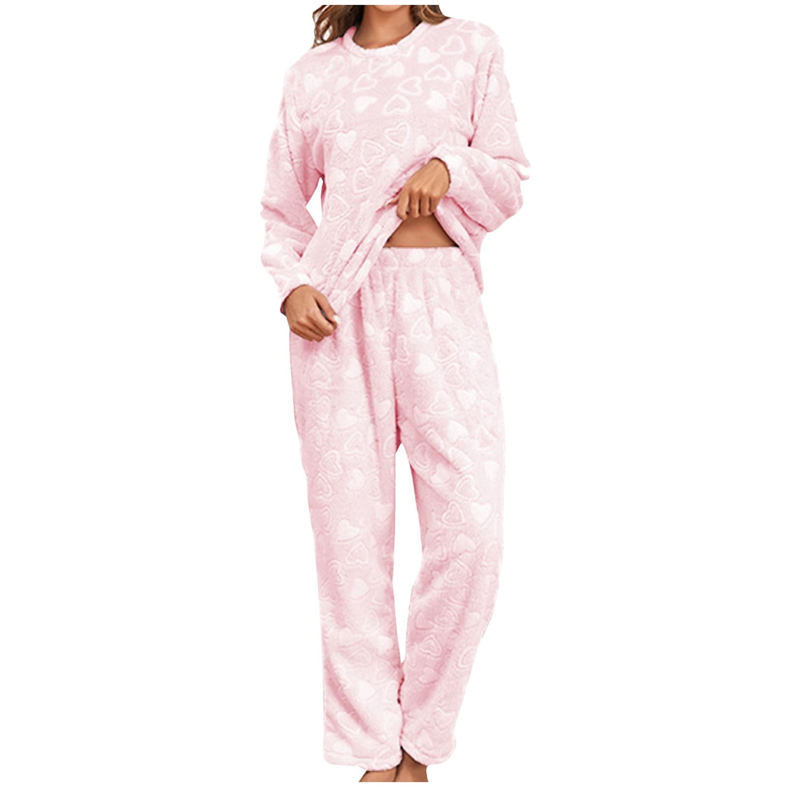Women's Heart Print Flannel Sleepwear Set - Thermal Winter Long Sleeve Pajama Set with Elastic Waist Pants Plus Size M-2XL Cozy Loungewear