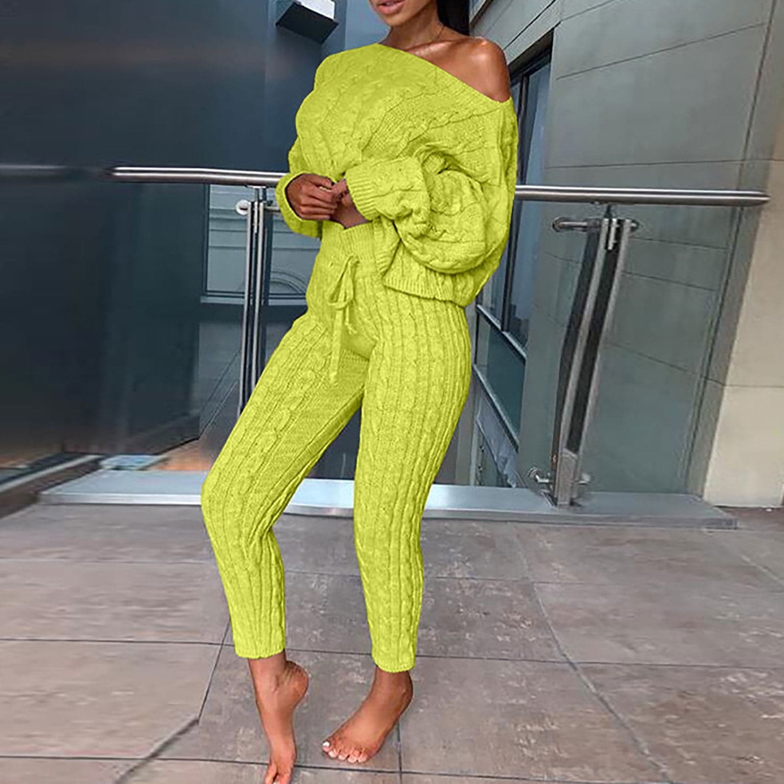 Womens 2 Piece Sweater Sets One Off Shoulder Pullover with Drawstring Pant Outfits Knitted Casual Sweatsuits Plain Loungewear